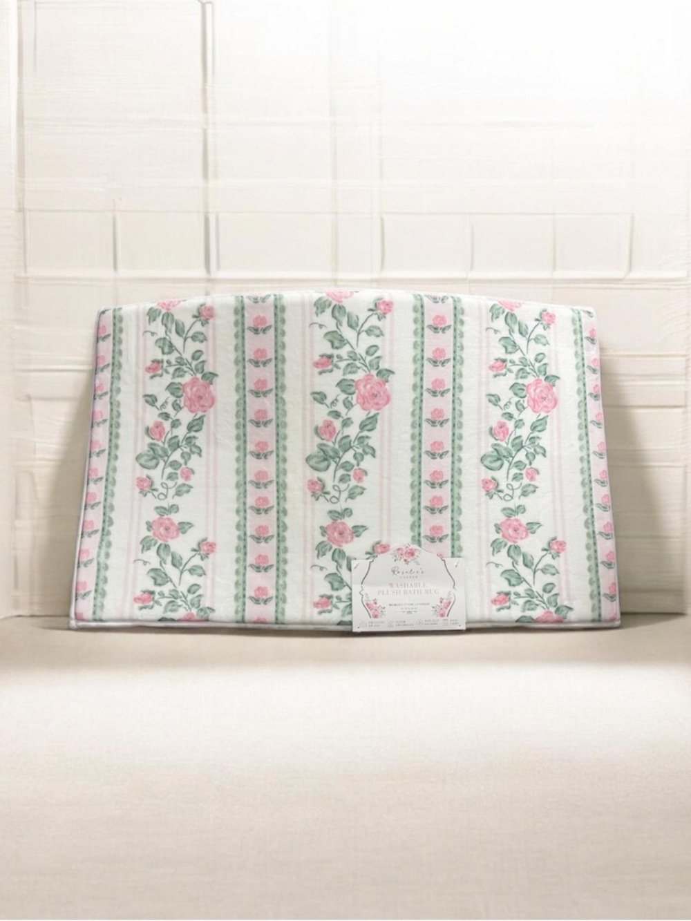 Feminine Floral Stripe Quilted PLUSH Bath Rug - Pink and Green